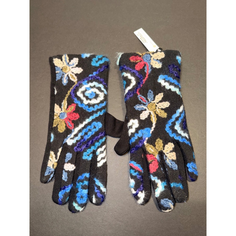 Coco & Carmen Black Floral Tapestry Embroidered Fleece Lined Touchscreen Gloves